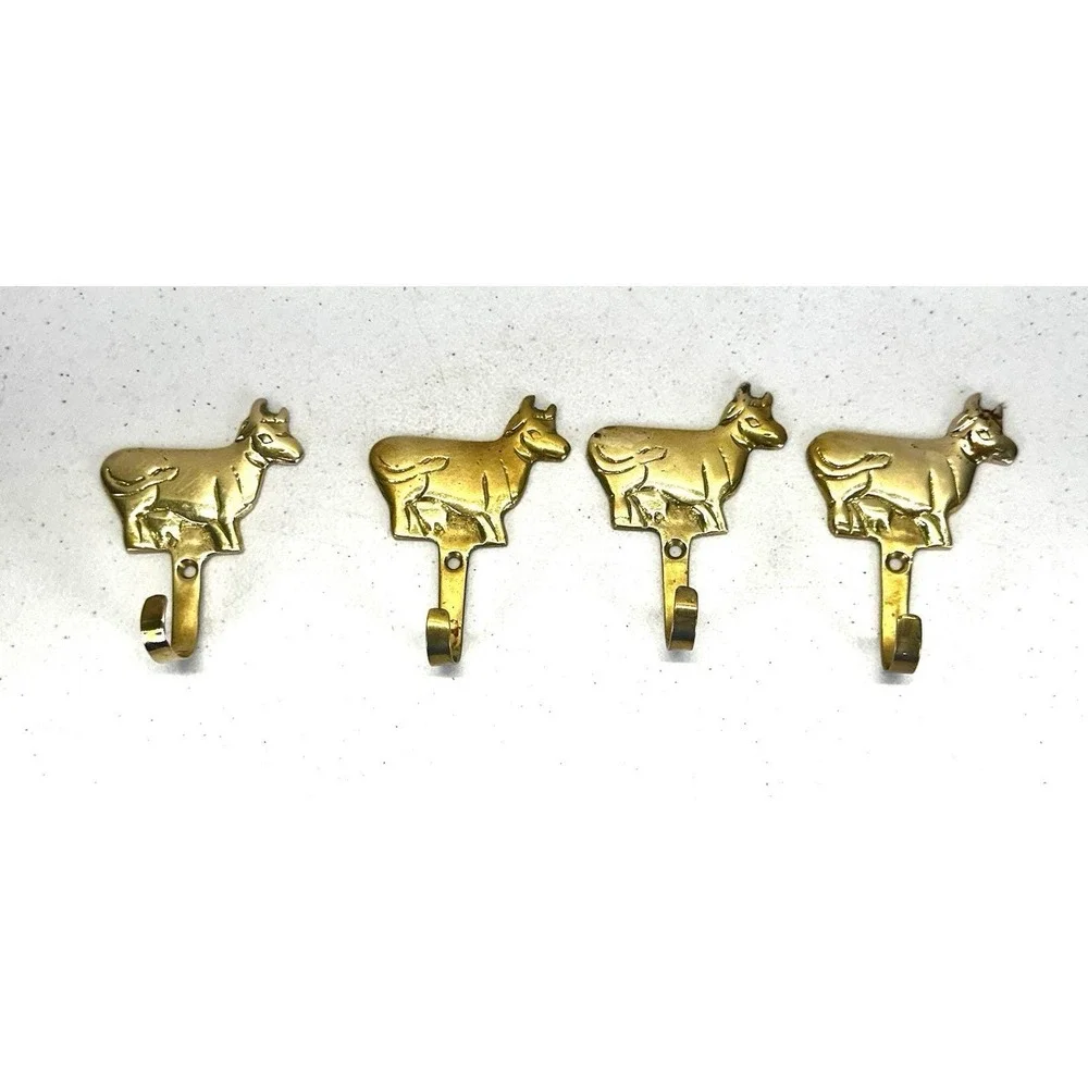 Vintage Brass Cow Wall Hooks Set of 4 Made in India Farmhouse Country Decor